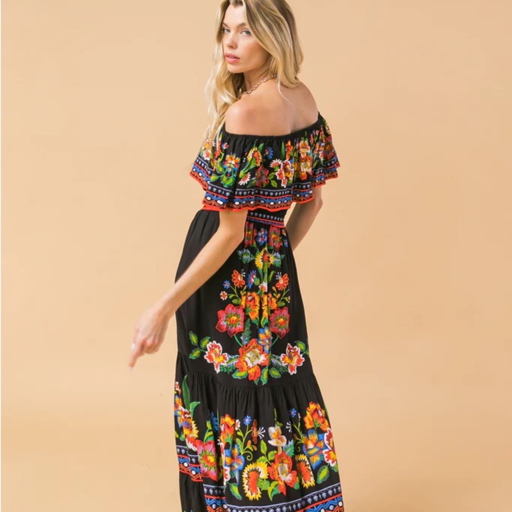 Anthropologie Black Maxi Dress with Bright Floral Embroidery